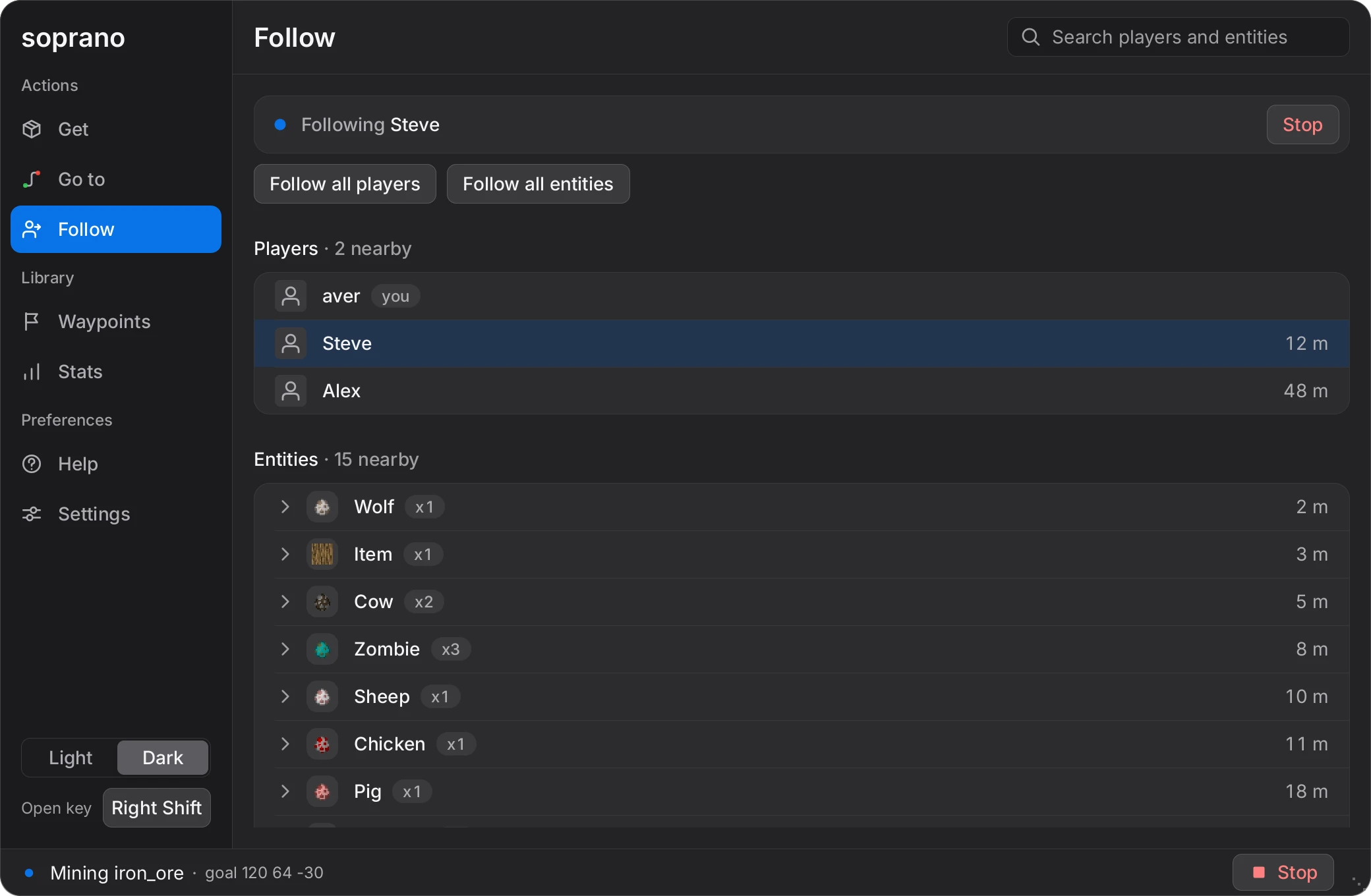 The Follow tab of the Soprano panel: a search field and lists of nearby players and entities that can be followed.