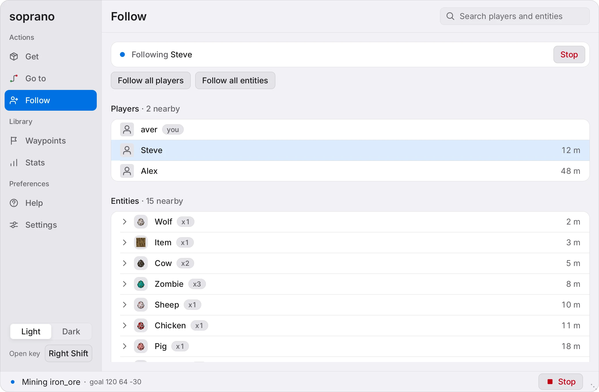 The Follow tab of the Soprano panel: a search field and lists of nearby players and entities that can be followed. Light theme.