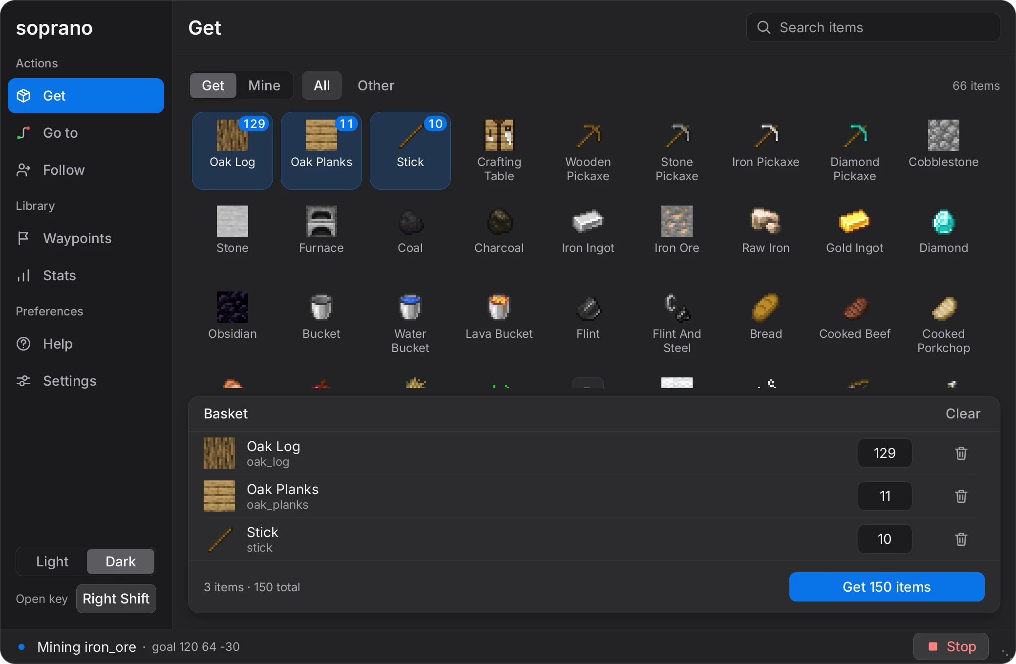 The Soprano control panel on its Get tab: a sidebar with seven tabs and a grid of items to gather.