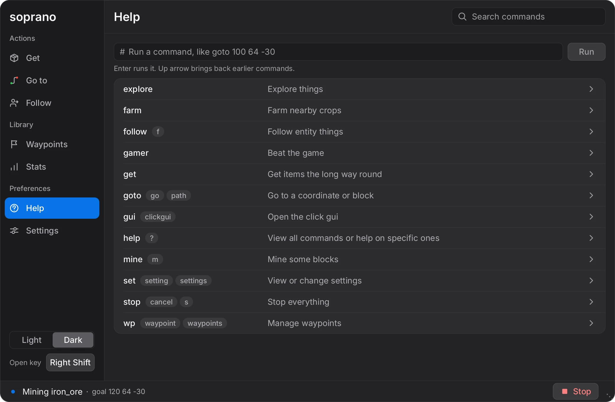 The Help tab of the Soprano panel: a box for running a command and a list of commands with short descriptions.