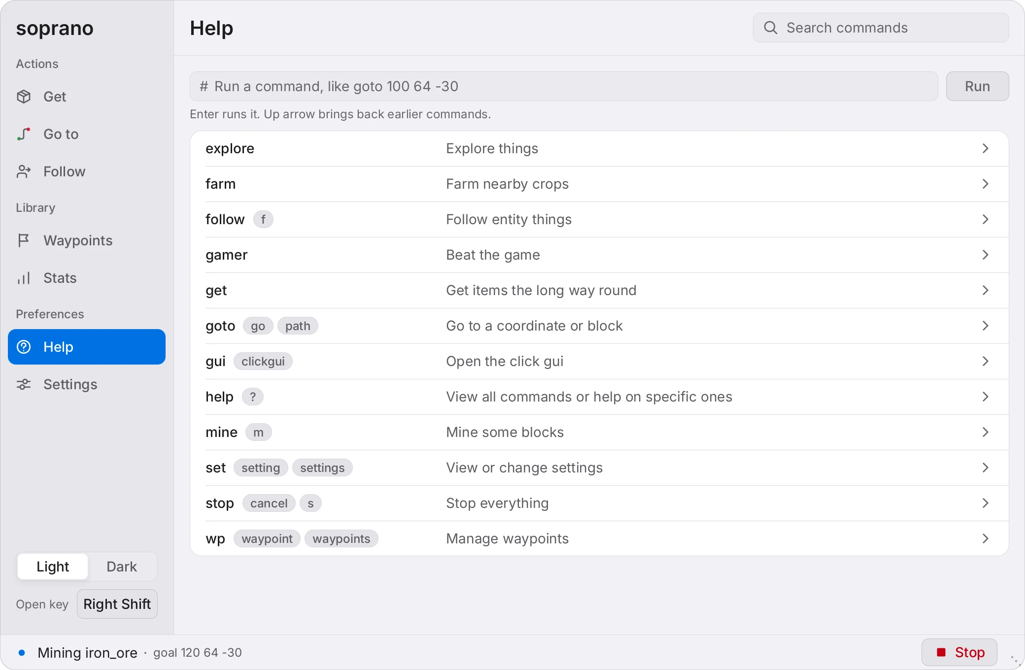 The Help tab of the Soprano panel: a box for running a command and a list of commands with short descriptions. Light theme.