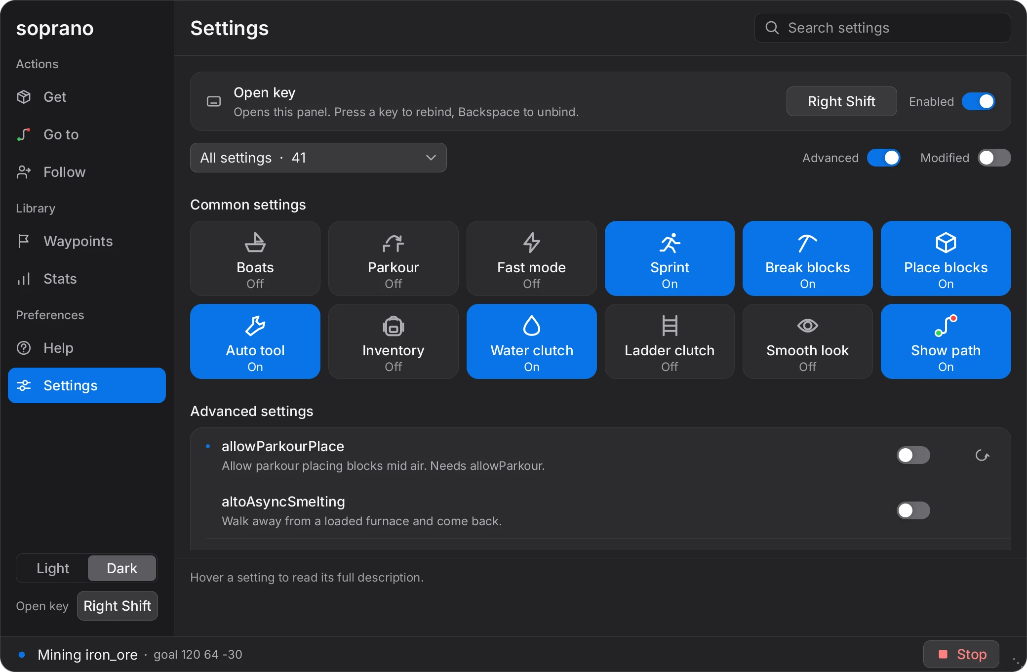 The Settings tab of the Soprano panel: an open key control, tiles for common settings and a searchable list of the rest.