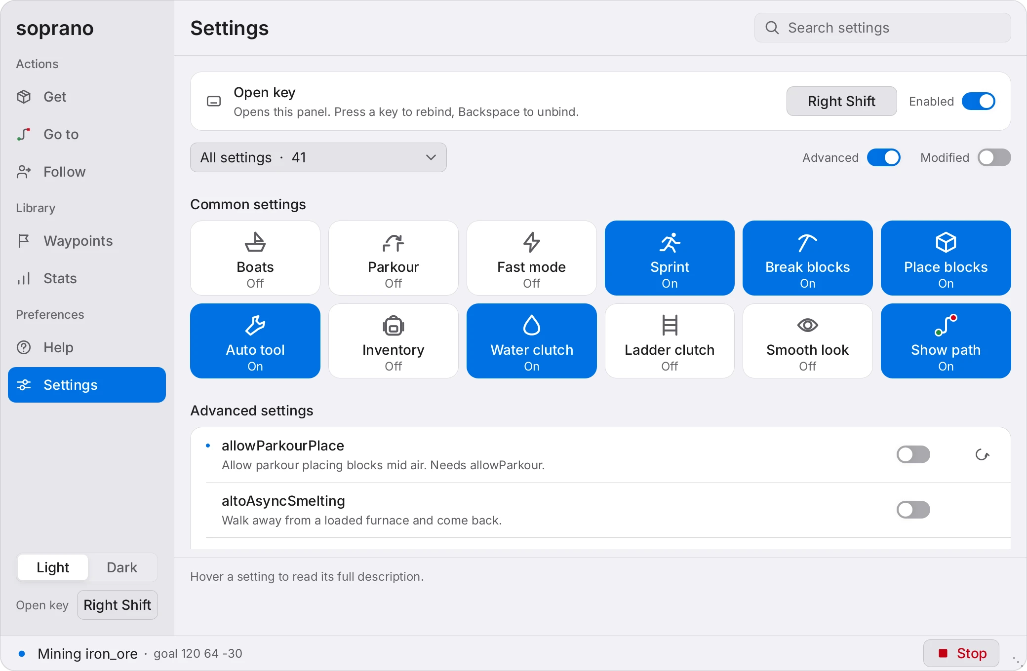 The Settings tab of the Soprano panel: an open key control, tiles for common settings and a searchable list of the rest. Light theme.