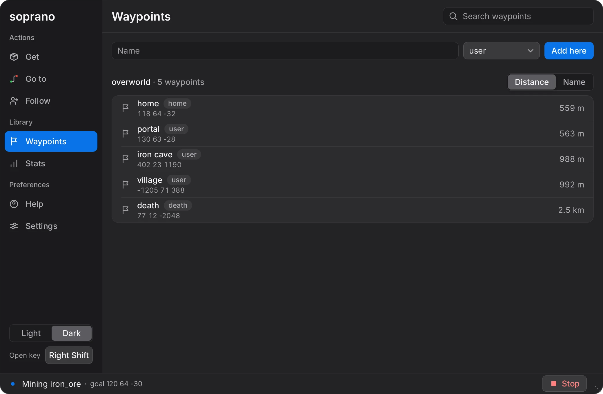 The Waypoints tab of the Soprano panel: a name field, an Add here button and a list of saved waypoints with their distances.
