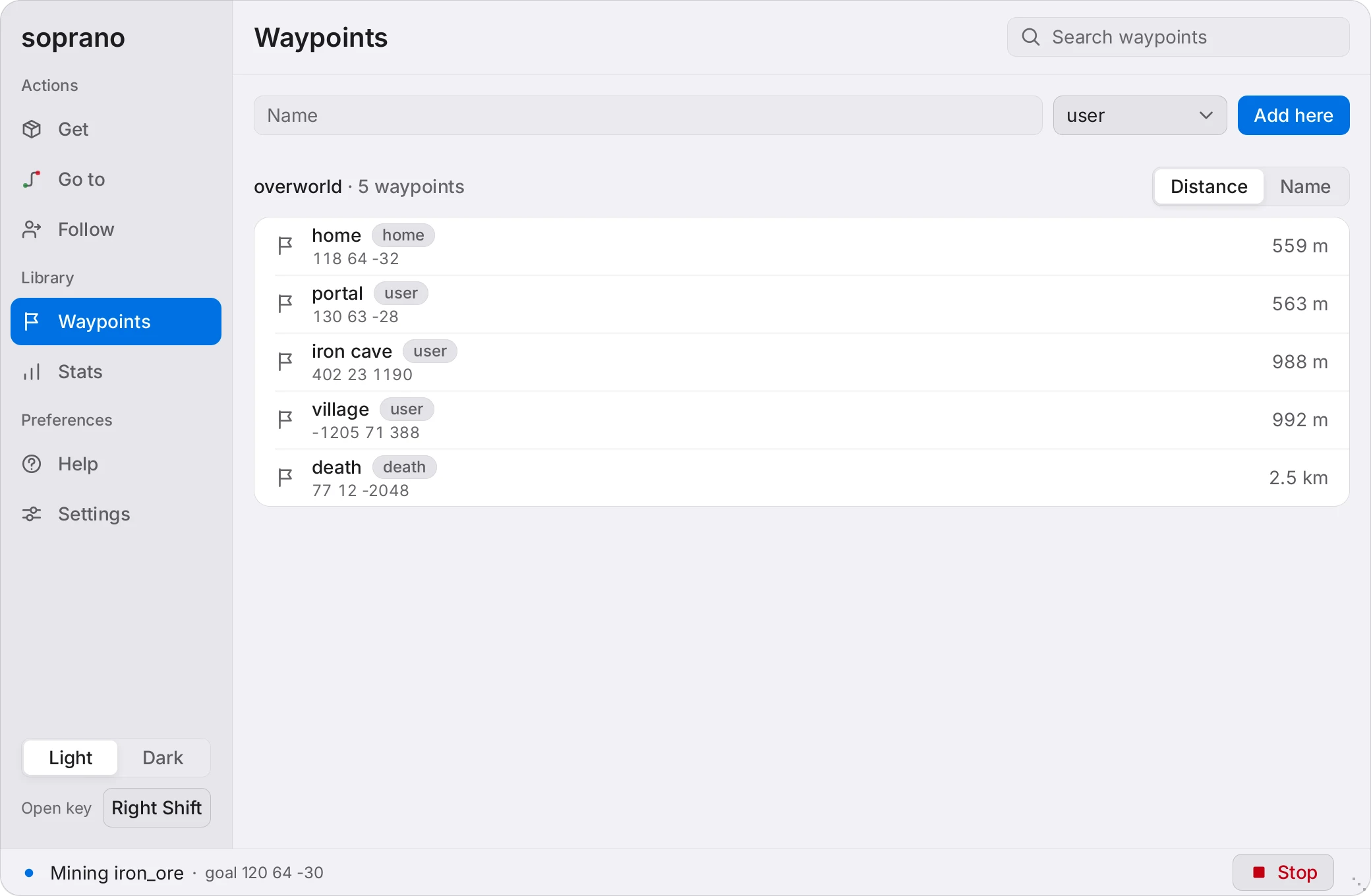 The Waypoints tab of the Soprano panel: a name field, an Add here button and a list of saved waypoints with their distances. Light theme.